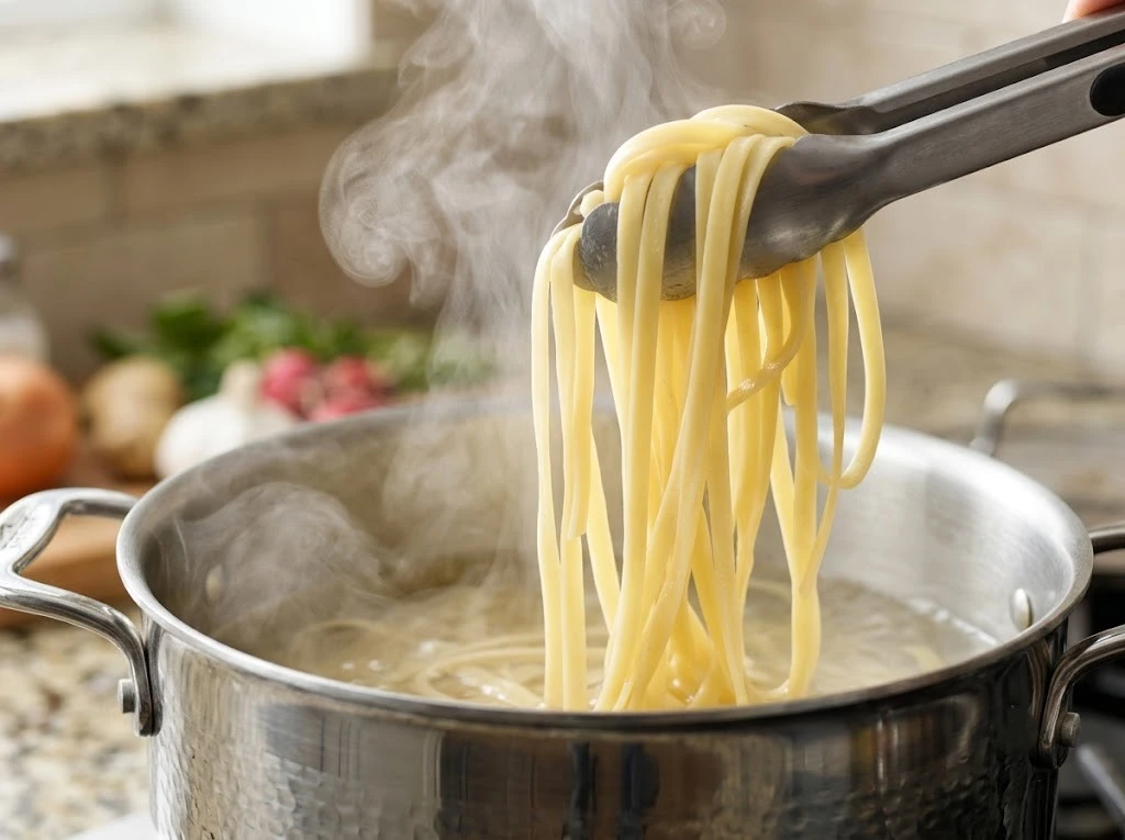 Freshly cooked fettuccine pasta being lifted from a stainless steel pot with kitchen tongs
