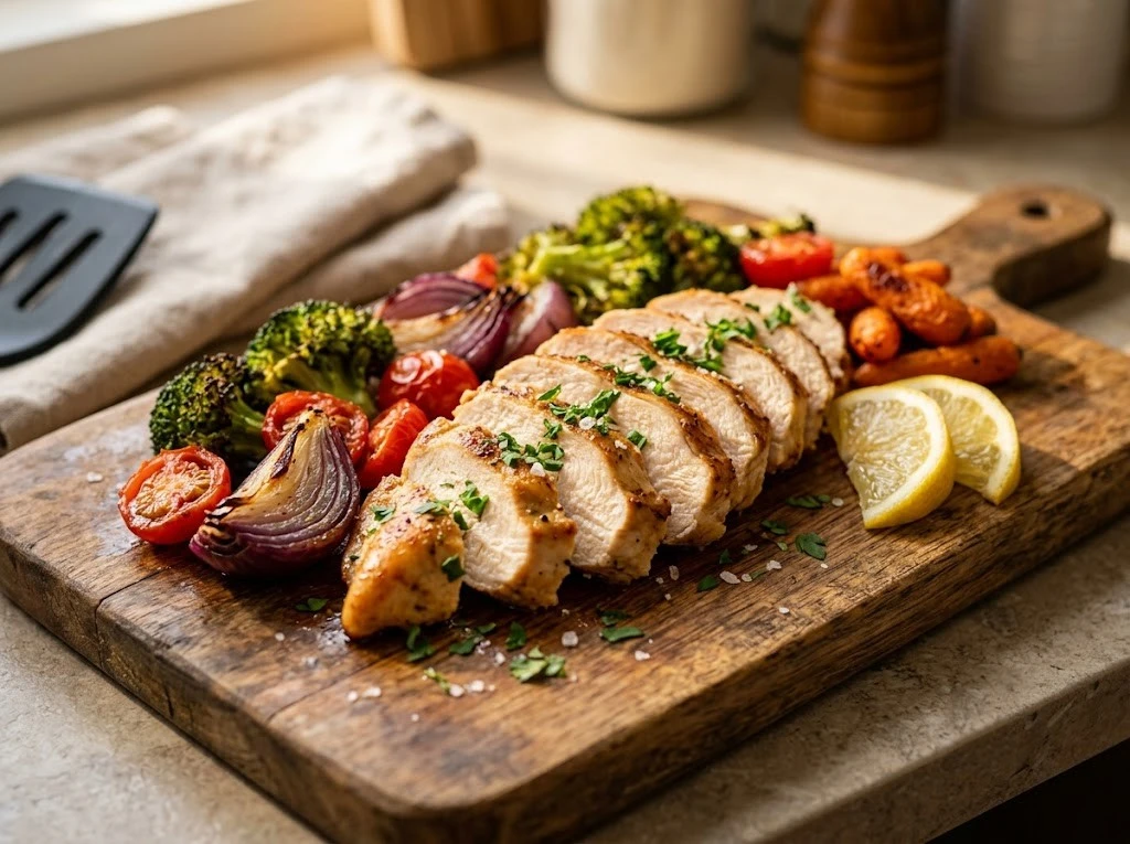 Juicy sliced air fryer chicken breast arranged on a wooden serving board