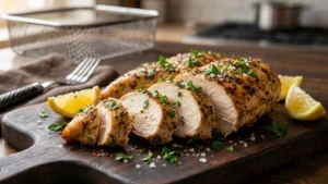 Juicy Air Fryer Chicken Breast sliced on a wooden board with fresh herbs