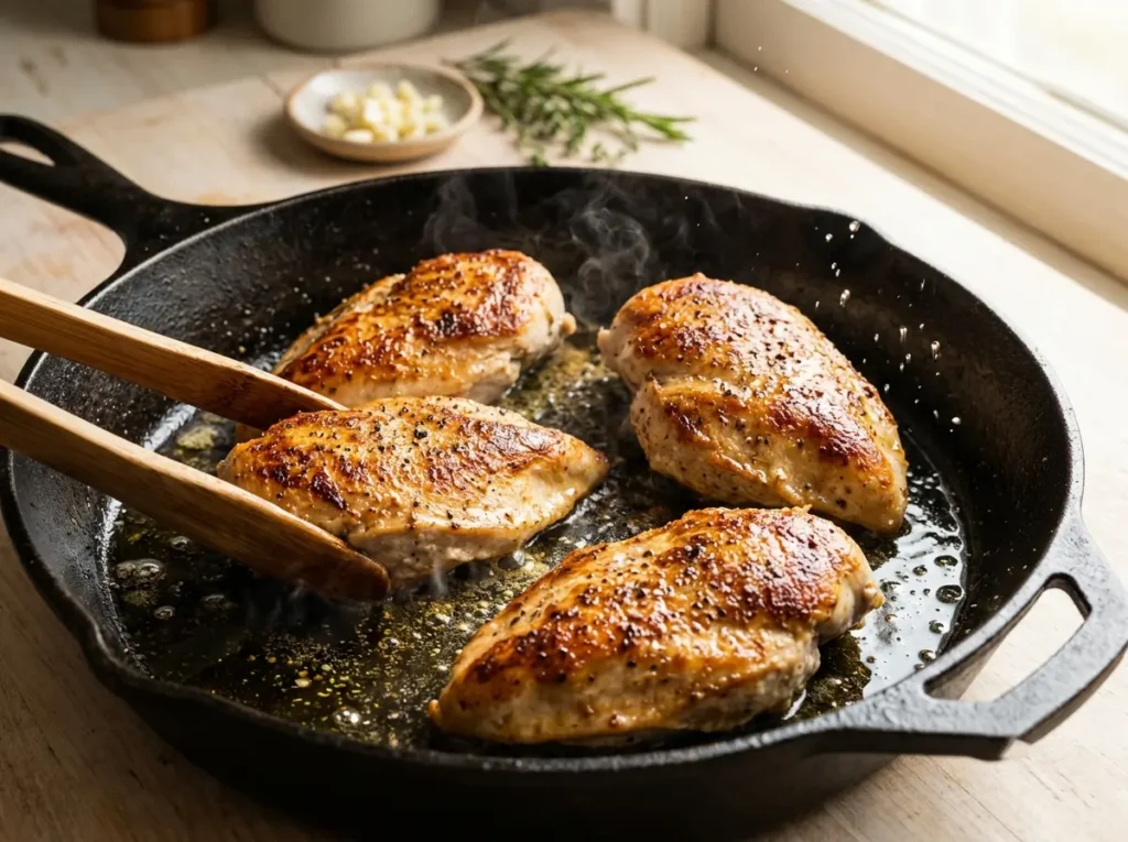 chicken breasts searing in a black cast iron skillet until gold
