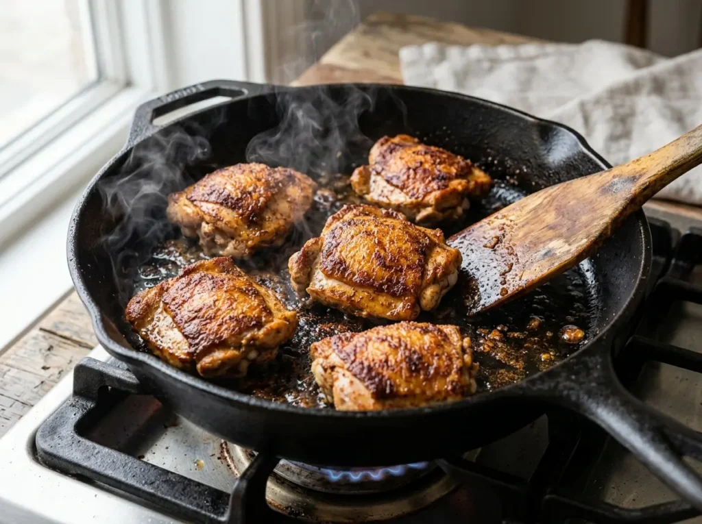 Seasoned chicken thighs cooking in a cast iron skillet