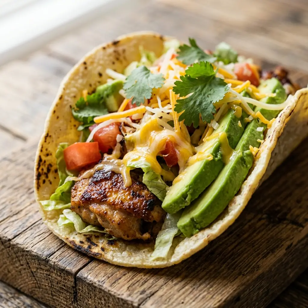 Close-up of a juicy homemade chicken taco with fresh toppings