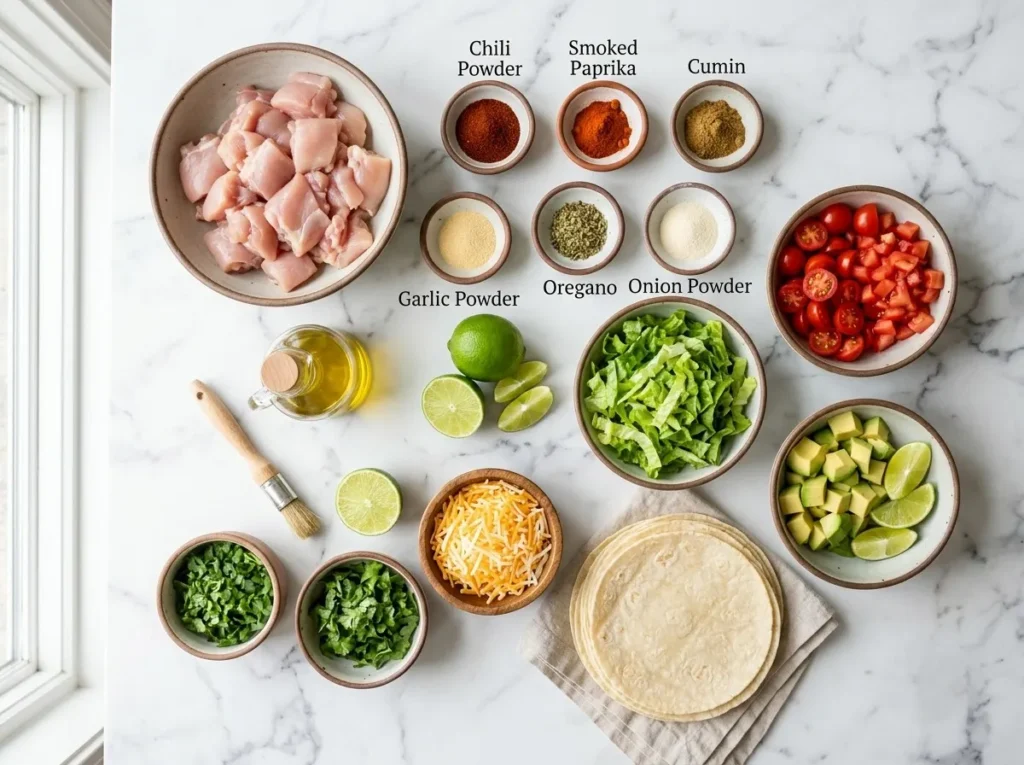 Fresh ingredients for homemade chicken tacos arranged on a marble countertop.