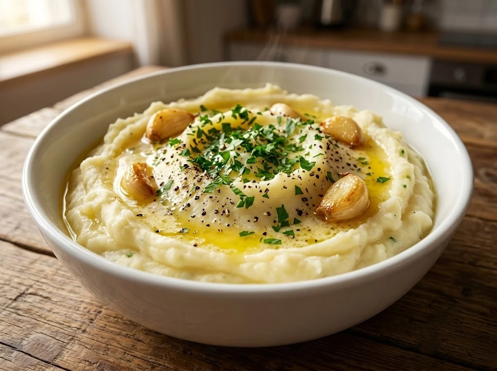 creamy garlic mashed potatoes in a white serving bowl