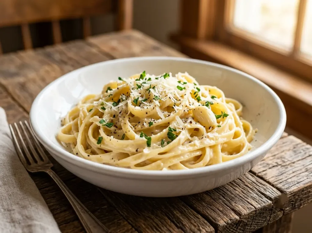 creamy garlic parmesan pasta coated in silky cheese sauce