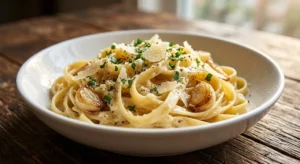 Creamy Garlic Parmesan Pasta served in a white bowl with parsley and parmesan cheese