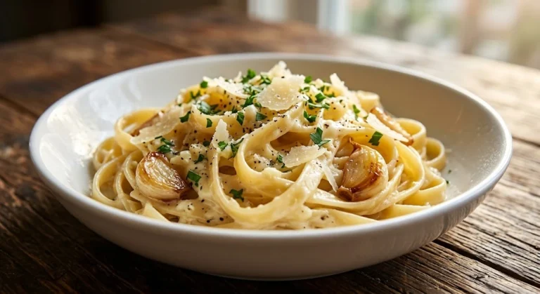 Creamy Garlic Parmesan Pasta served in a white bowl with parsley and parmesan cheese