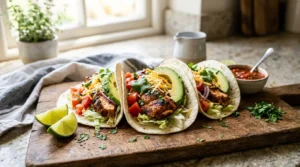 Easy chicken tacos served with fresh avocado, tomatoes, lettuce, cheese, cilantro, and lime wedges.