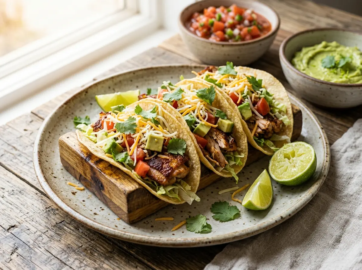 Finished homemade chicken tacos with fresh toppings served on a rustic plate