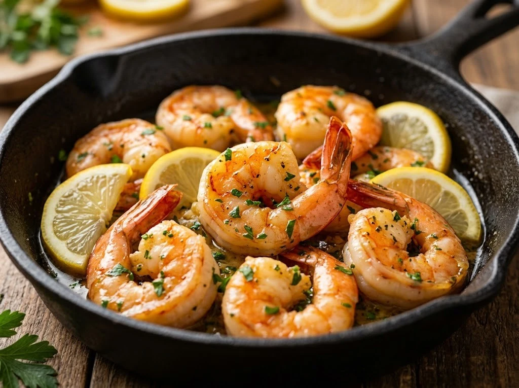 garlic butter shrimp coated in glossy butter sauce inside a cast iron skillet with chopped parsley and lemon slices