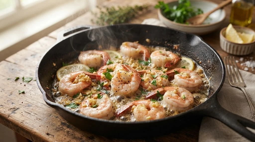 Juicy garlic butter shrimp cooked in a skillet with lemon slices and fresh parsley