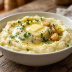 Creamy garlic mashed potatoes served in a white bowl with butter and fresh parsley