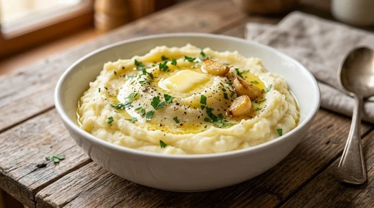 Creamy garlic mashed potatoes served in a white bowl with butter and fresh parsley