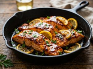 Honey Garlic Salmon fillets glazed with honey garlic sauce and garnished with parsley