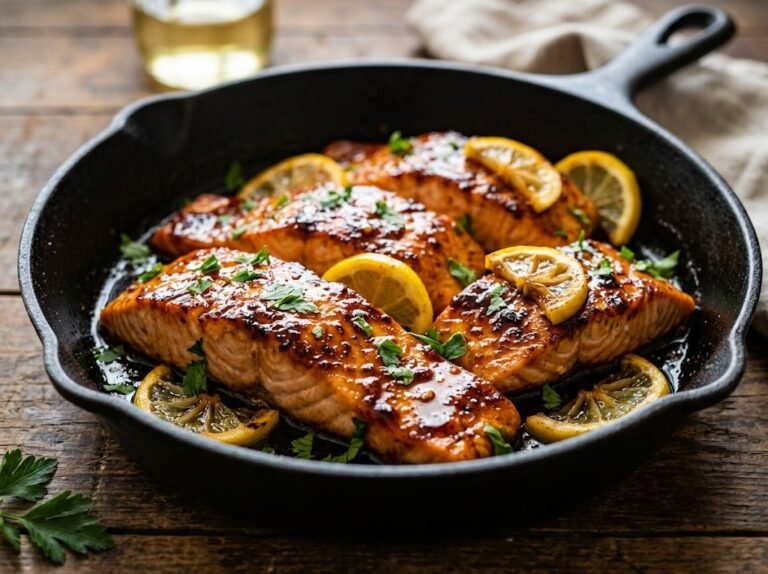 Honey Garlic Salmon fillets glazed with honey garlic sauce and garnished with parsley