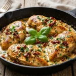 Creamy Marry Me Chicken served in a skillet with parmesan sauce and sun-dried tomatoes.