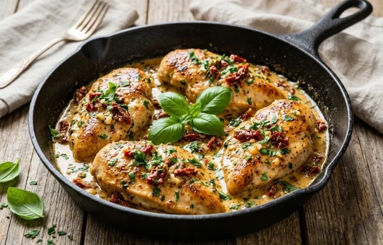 Creamy Marry Me Chicken served in a skillet with parmesan sauce and sun-dried tomatoes.