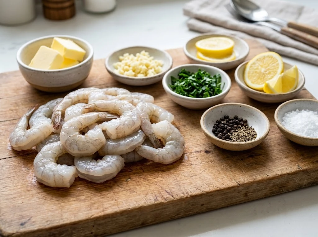 raw peeled shrimp on a wooden cutting board beside small bowls of butter, minced garlic, chopped parsley, lemon slices, black pepper, and sea salt