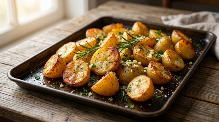 Crispy golden roasted potatoes seasoned with garlic and herbs on a baking tray.