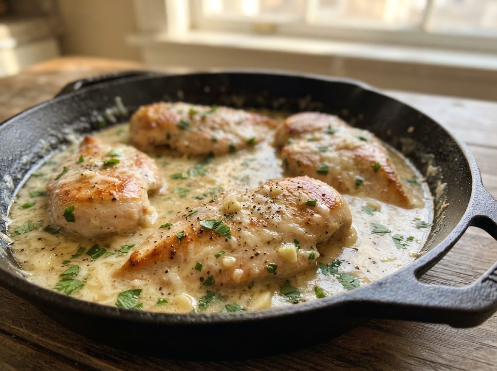 golden-brown chicken breasts simmering in a creamy garlic Parmesan sauce