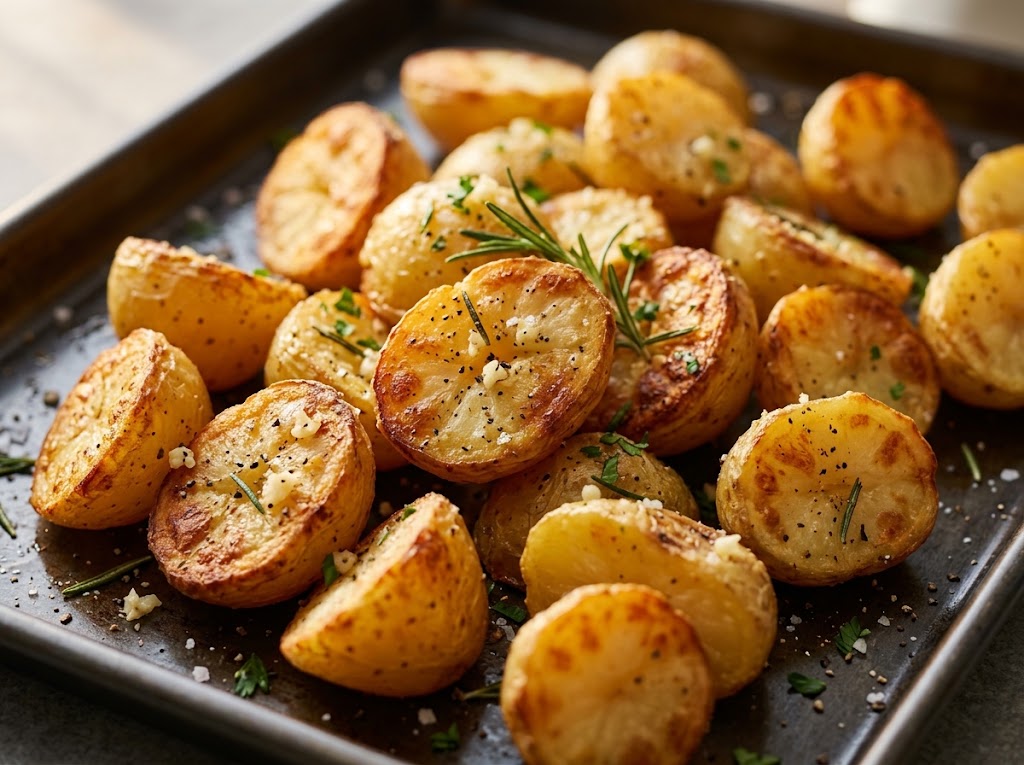 golden crispy roasted potatoes on a dark baking tray