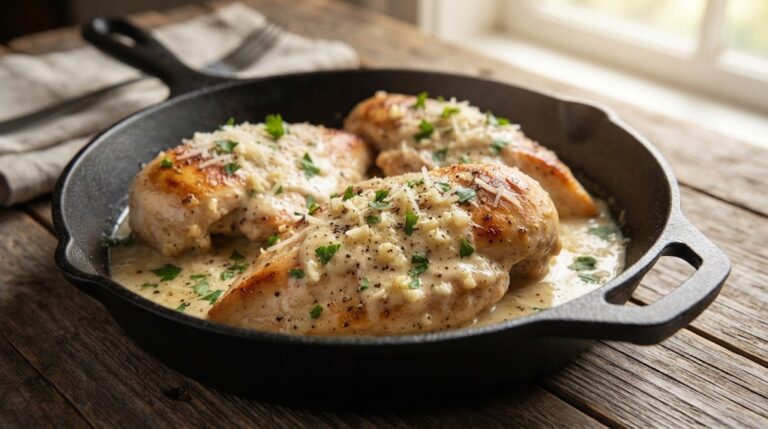 One-pan garlic Parmesan chicken breasts served with creamy garlic Parmesan sauce.