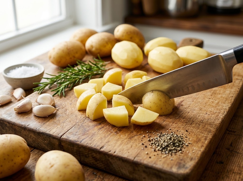raw Yukon Gold potatoes being cut into evenly sized one-inch chunks