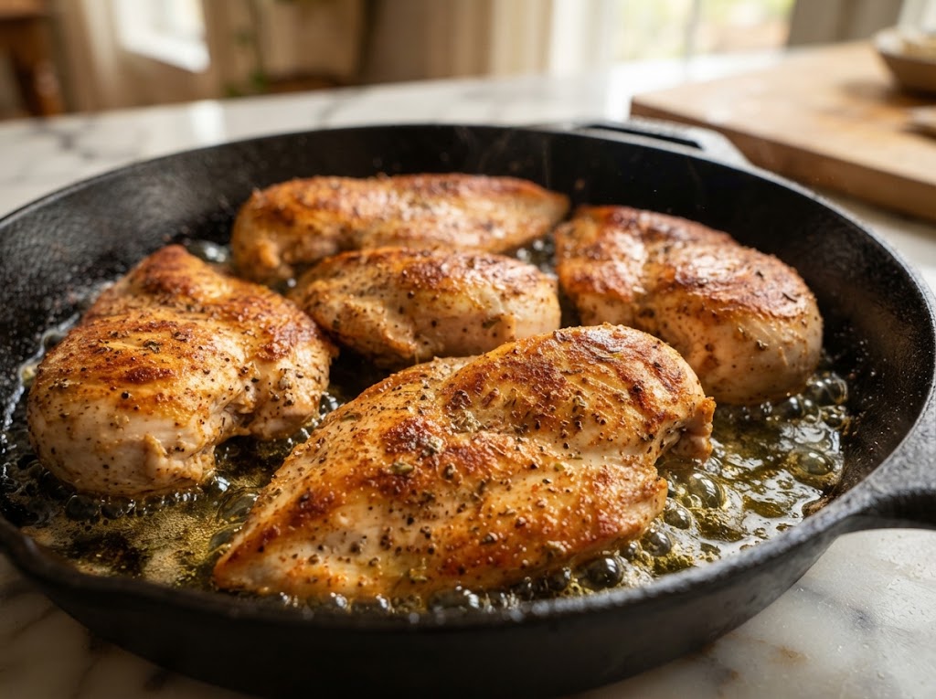 seasoned chicken breasts being golden-brown